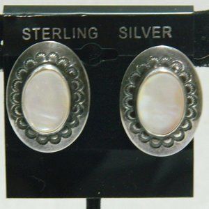 Vintage Sterling Silver & Mother of Pearl Pierced earrings Stamped "Sterling"